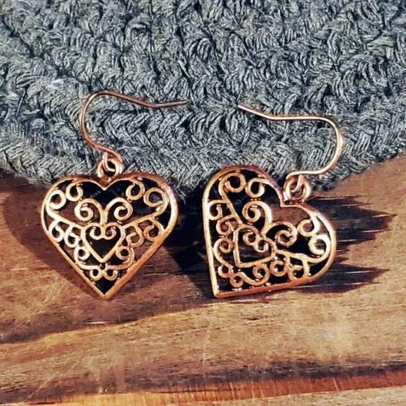 Edgy Rustic Antique Copper Modern Filigree Scroll Cutout Heart Earrings - Picture 3 of 7